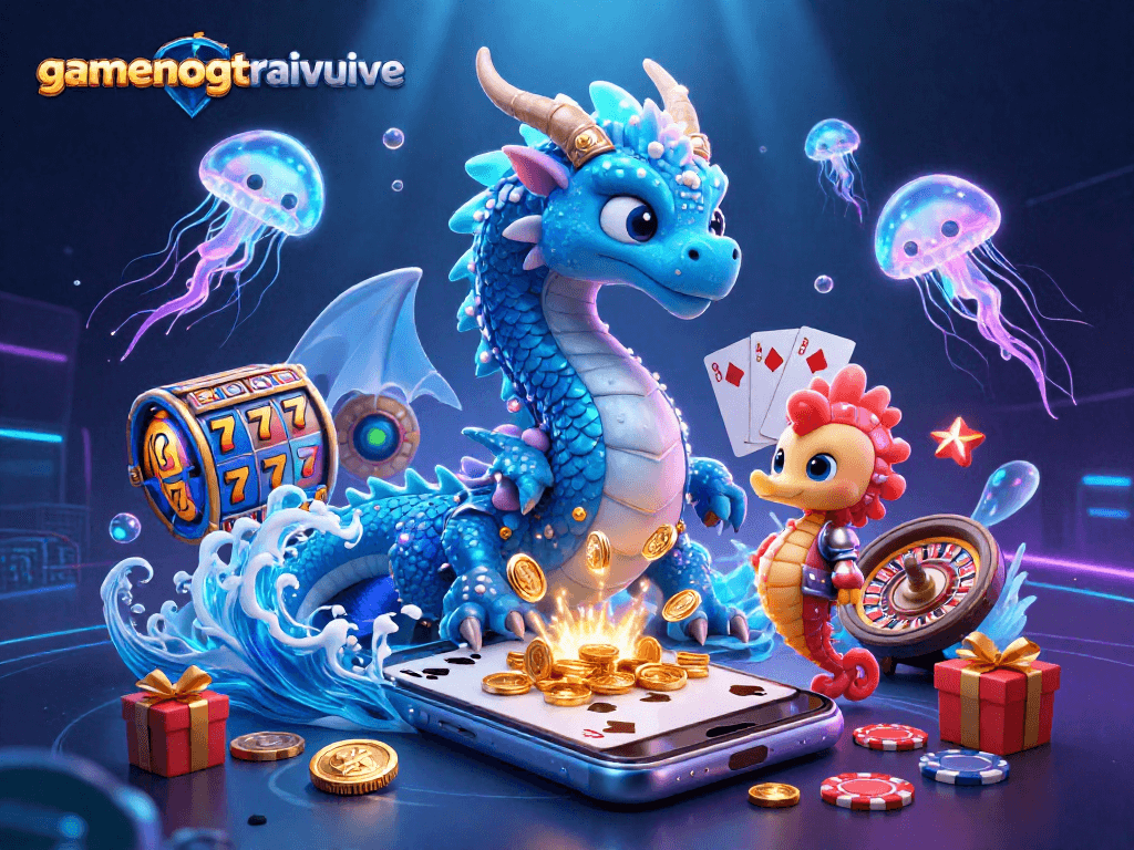 Spin to win with gamenongtraivuive's vibrant underwater casino illustration filled with slot games and exciting characters.