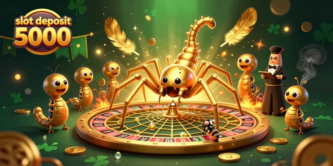 Engage with the slot deposit 5000 experience, featuring a spider and centipede in an interactive casino scene.