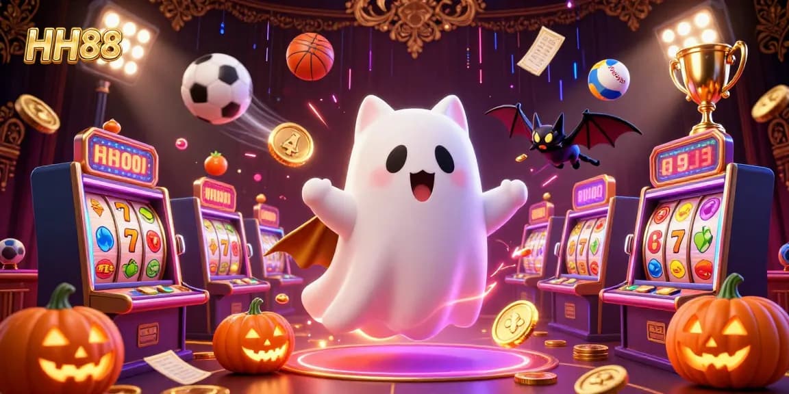 Engage with the magical world of HH88 in our vibrant casino scene filled with glimmering slots and flying sports balls.