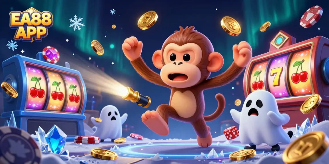 Engage with the EA88 APP in a lively casino scene featuring mischievous characters and exciting slot game elements.