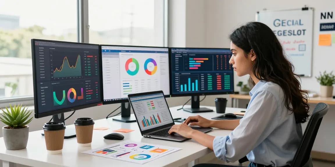 Gegeslot dalam analisis pemasaran digital dengan profesional muda memantau metrik media sosial.