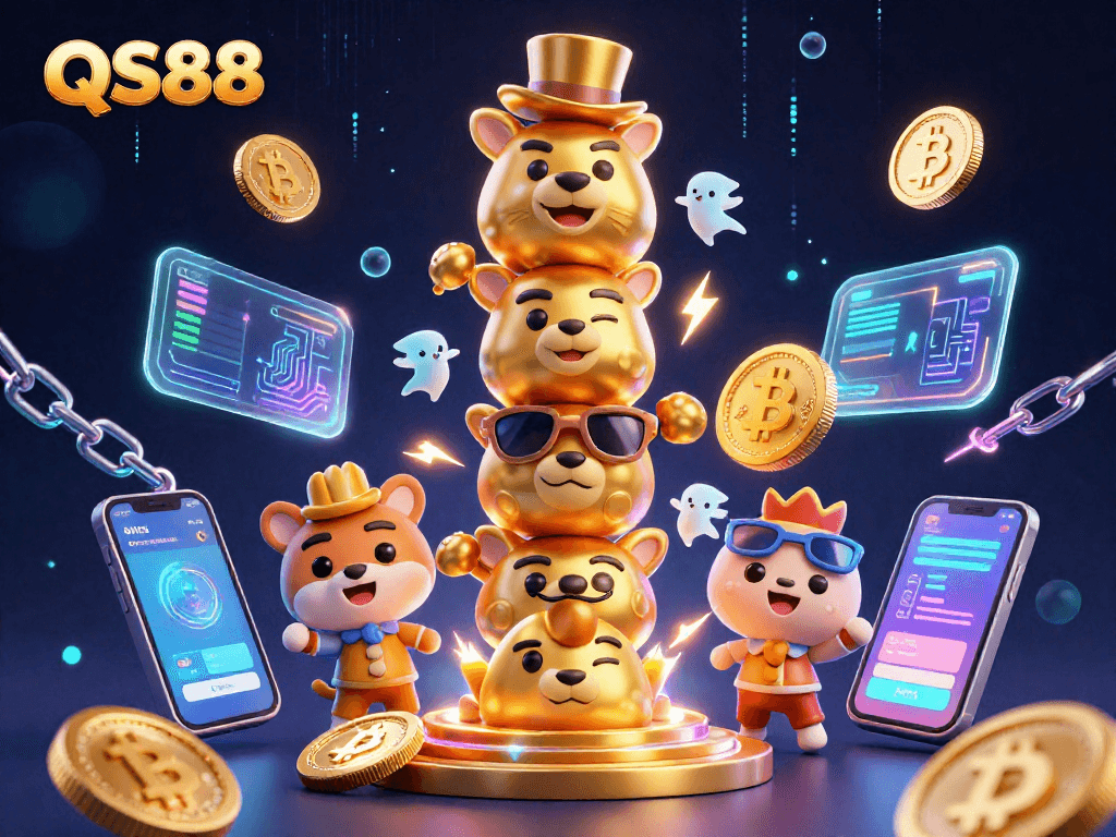 Experience thrilling gameplay at QS88 with colorful 3D characters and vibrant crypto elements in a delightful casino scene.