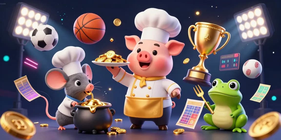xocdia88 features a lively 3D cartoon scene with a chef pig and gold coins for fun gambling excitement.