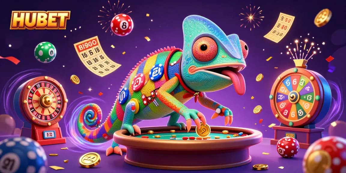 HUBET chameleon casino owner playfully catches golden coins with vibrant gaming elements around.