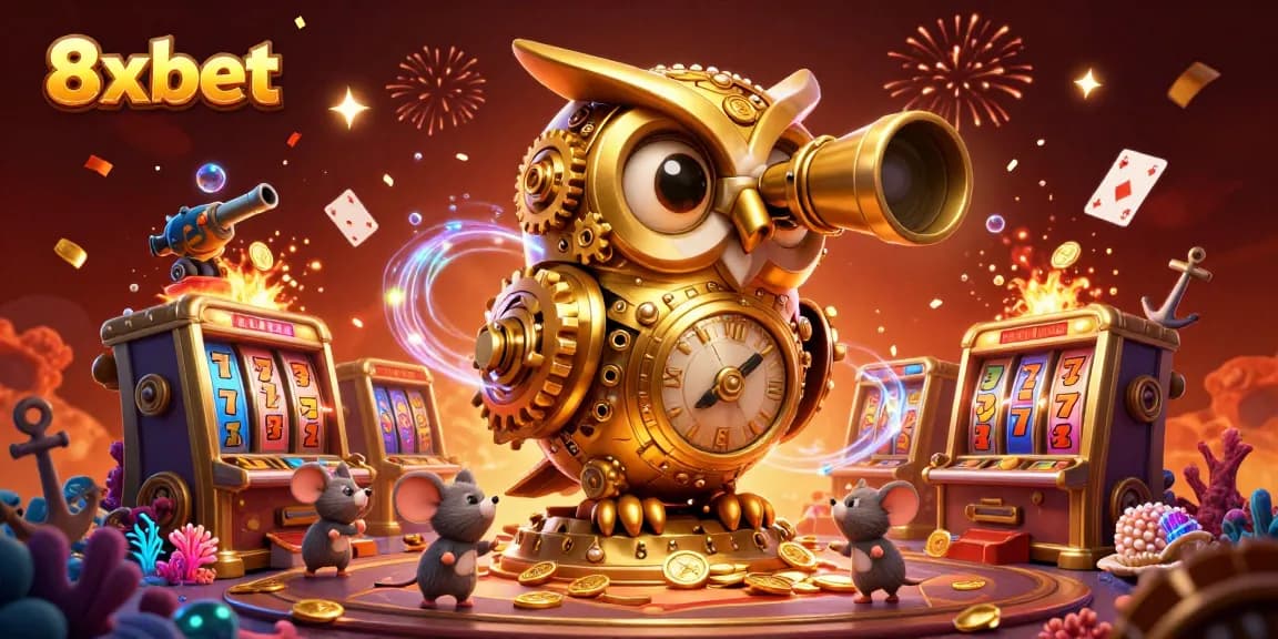 Experience the excitement of 8xbet with a golden owl and mouse patrons amidst vibrant casino elements.
