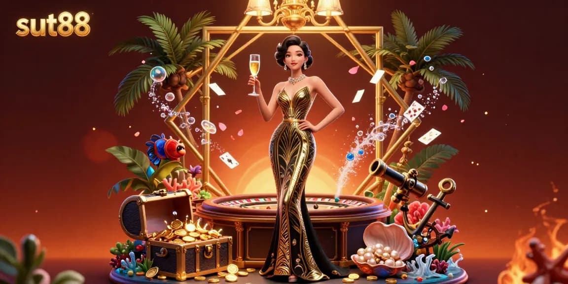 Sut88 invites players to enjoy a glamorous casino atmosphere with stunning visuals of roulette and treasure.