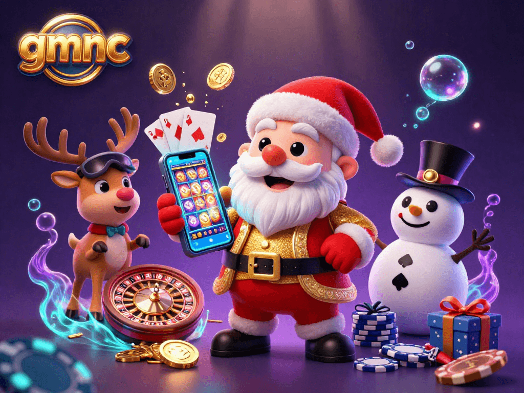 Experience gmnc with Santa Claus and friends celebrating casino wins amid vibrant gaming visuals.