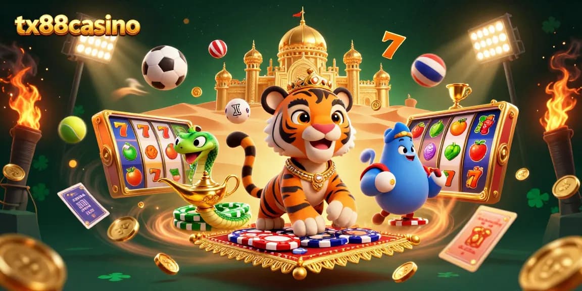 Experience thrilling games at tx88casino with our vibrant casino-themed illustration featuring dynamic elements.