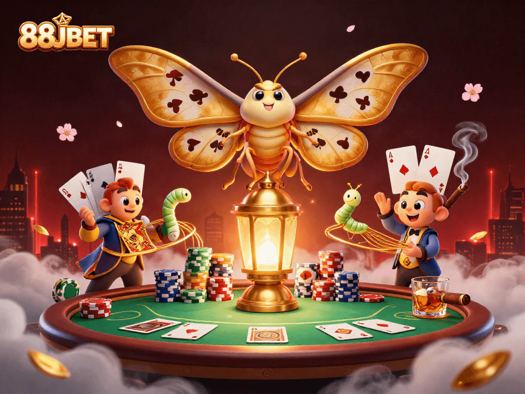 Play and win big with 88JBET in this vibrant casino scene featuring animated characters.