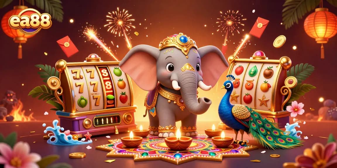 Play exciting casino games at ea88 featuring an ornate elephant and colorful elements.