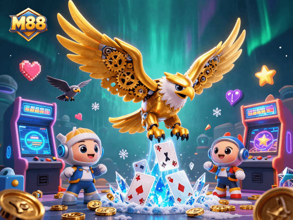 M88, explore the vibrant 3D casino action with flying cards and cybernetic characters.