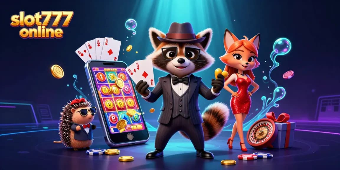 Experience thrilling gameplay on slot777 online with cartoon characters enjoying casino vibes.