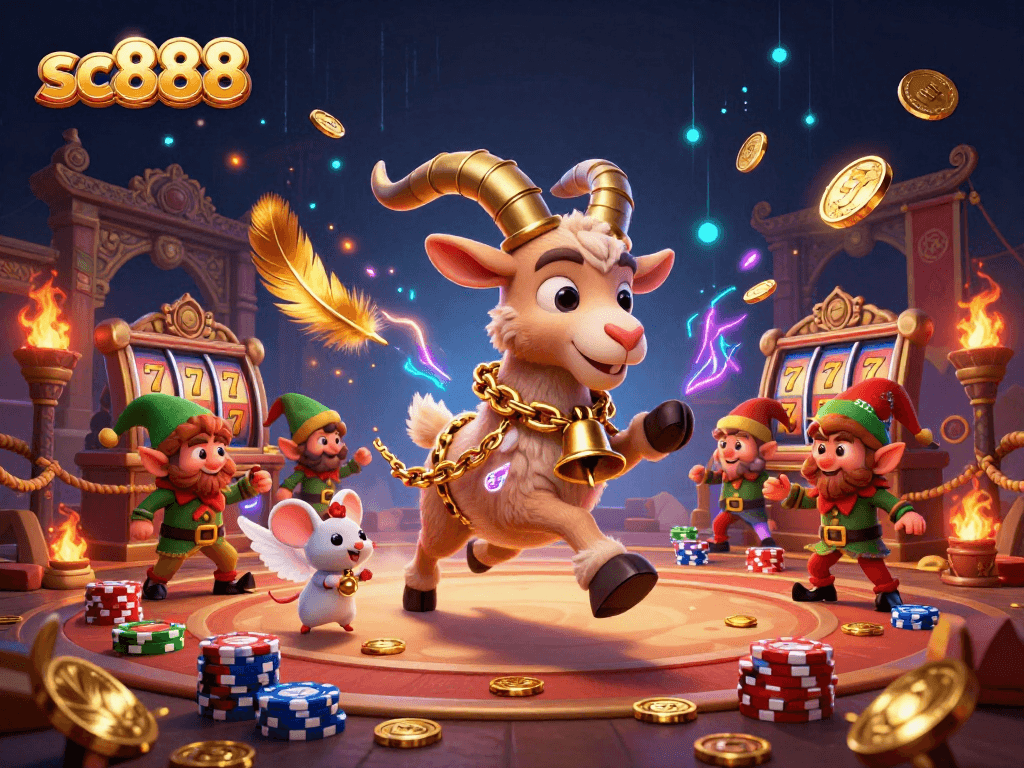 Experience the thrill of sc888 at a vibrant casino scene filled with festive characters and captivating game elements.