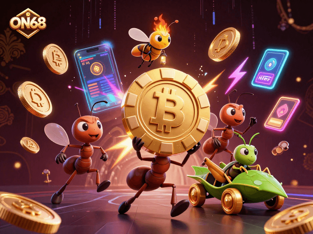 Join the excitement at ON68 with a dynamic heist scene featuring ants, crypto coins, and vibrant casino elements.