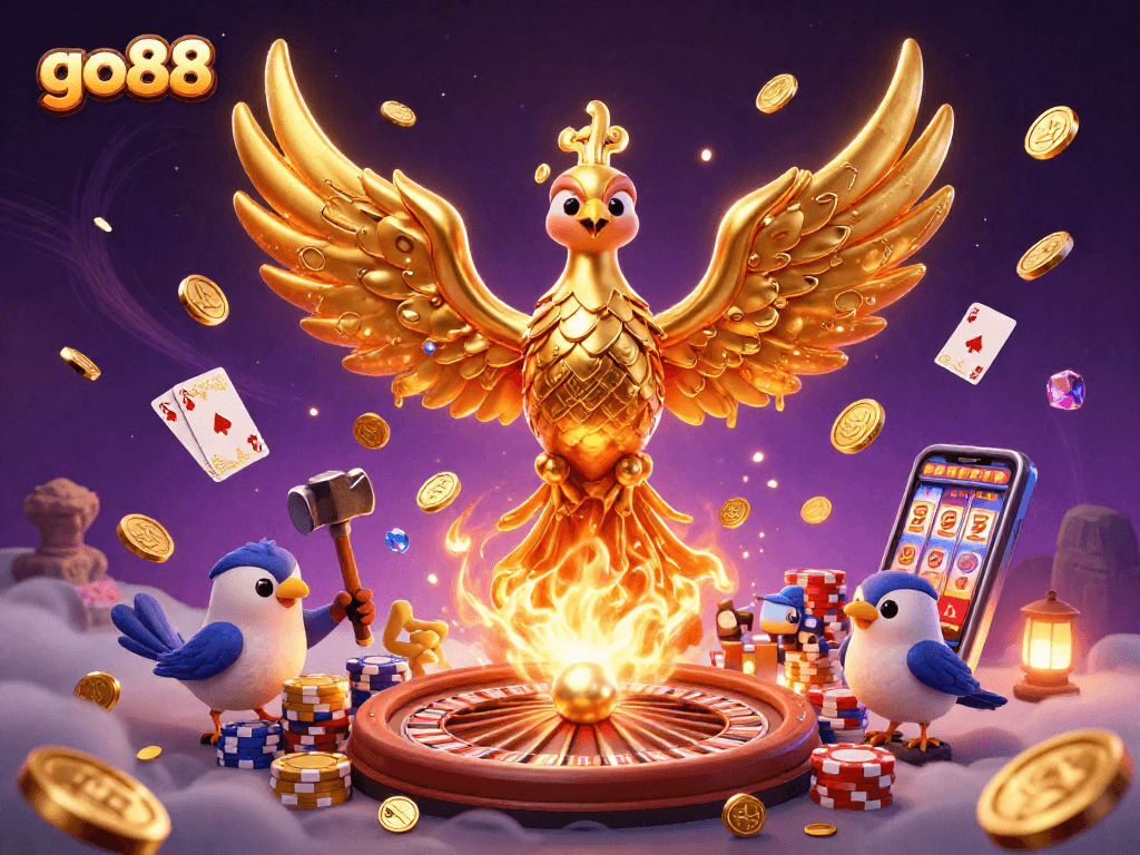 Experience the excitement at go88 with a stunning 3D illustration featuring a golden phoenix and vibrant casino elements.