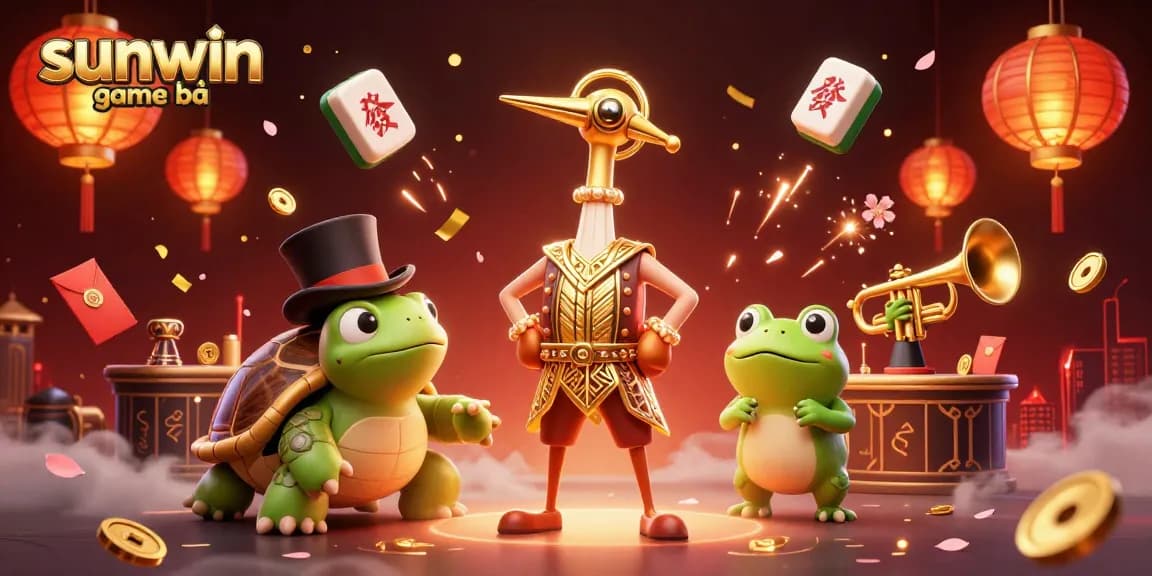 Engage with sunwin game bài in a lively 1920s casino scene featuring a crane, turtle, and frog.