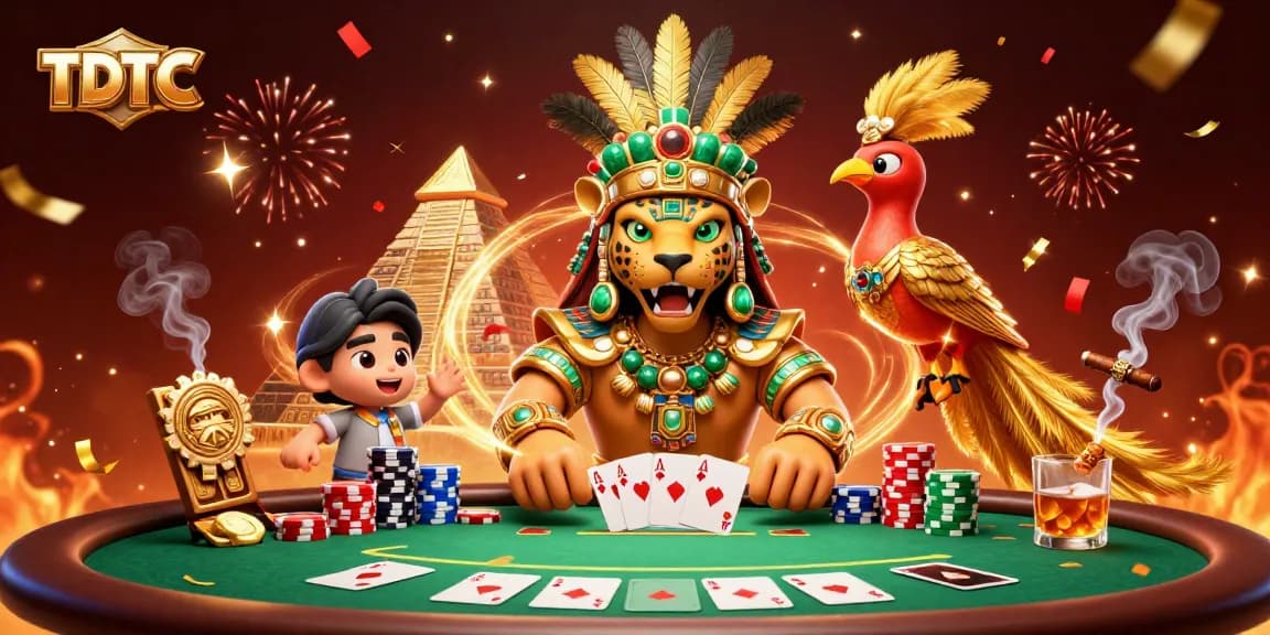 Experience vibrant TDTC poker action with a Mayan jaguar priest illustration in a casino scene.