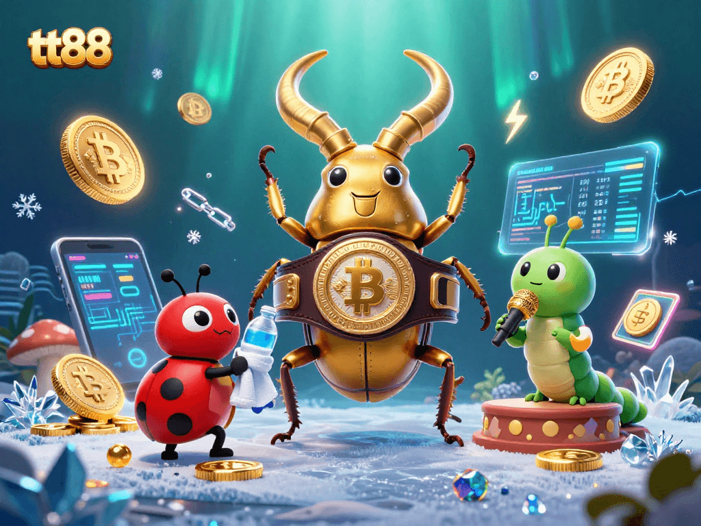 Engage with tt88's casino action featuring a heroic golden beetle and vibrant crypto elements.
