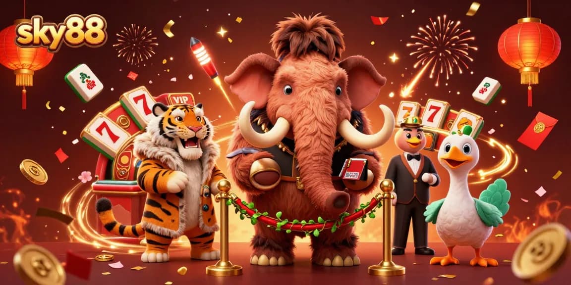 Experience the excitement of sky88 with a vibrant, dynamic casino illustration showcasing animated characters and festive elements.