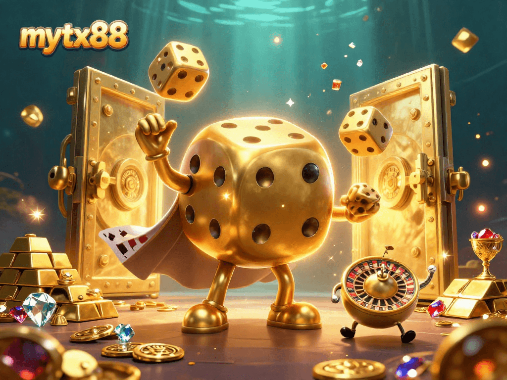 Enhance gameplay thrills at mytx88 with a golden dice golem and dazzling treasure in a casino scene.
