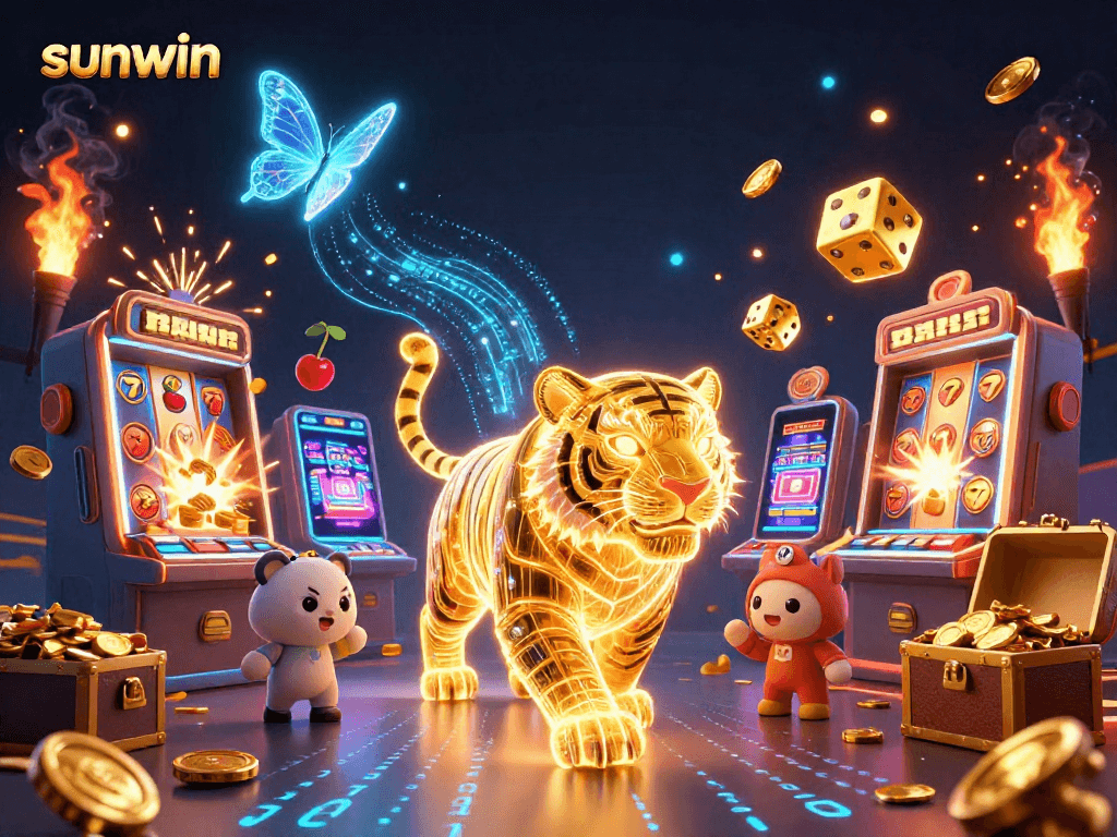 Win big with sunwin in a vibrant, 3D casino scene featuring a golden tiger and slot machines.