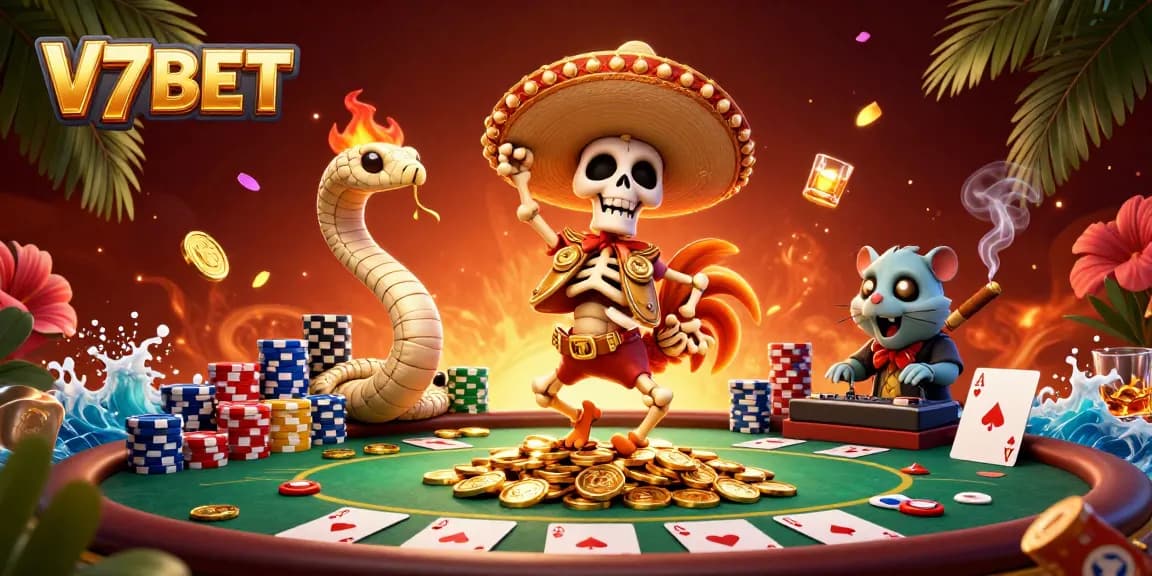 V7BET showcases a lively 3D dance on golden coins with engaging poker elements and dynamic characters.