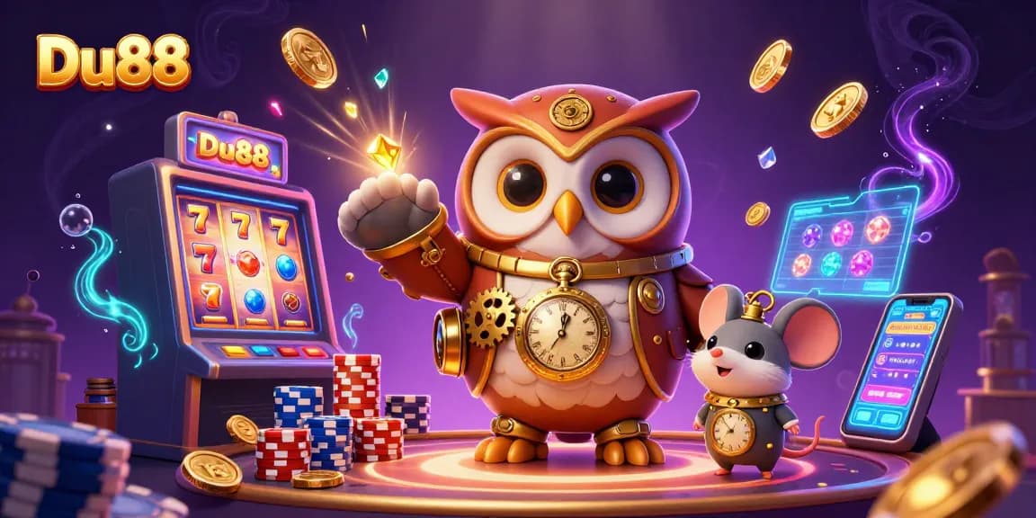 Engage with Du88's vibrant slot machine universe, showcasing steampunk characters and animated reels.