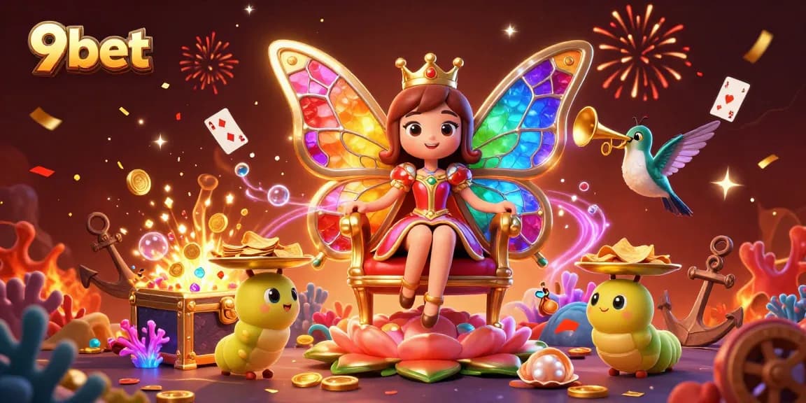 Win big at 9bet with a vibrant casino scene featuring a butterfly queen and treasures.