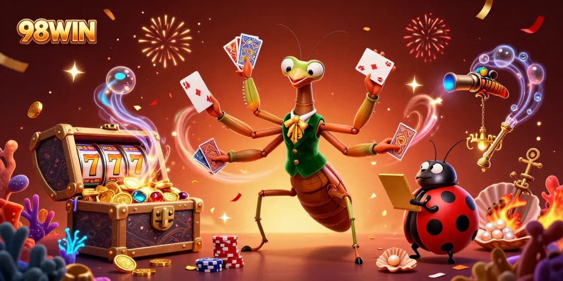 Win big with 98WIN as the vibrant casino scene features a giant mantis and ladybug celebrating amidst game elements.