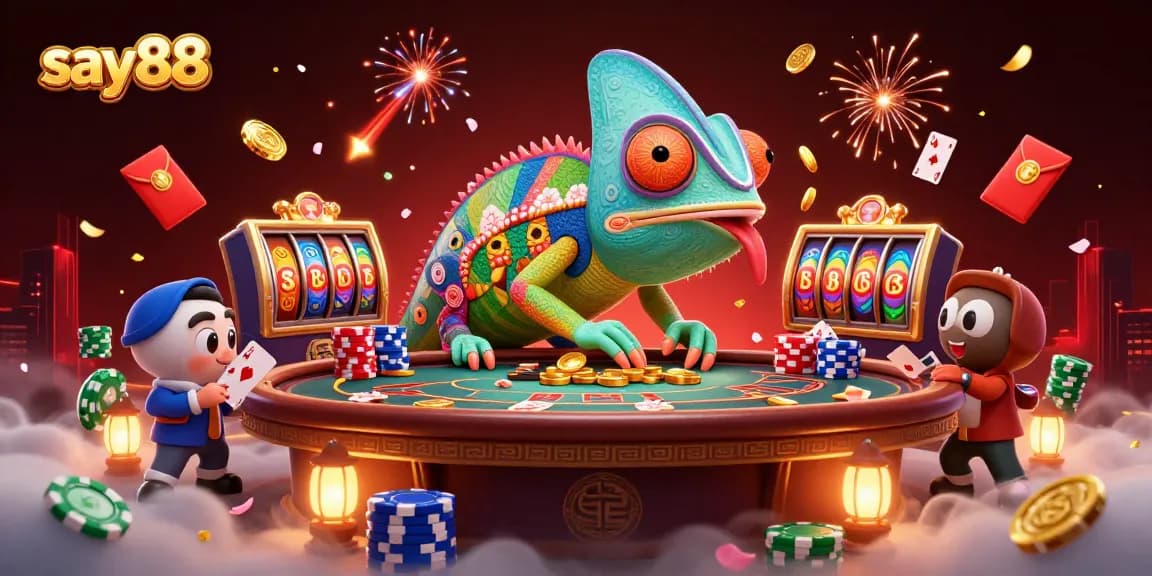 Engage in thrilling poker action at say88 with a colorful chameleon casino owner amidst dynamic game elements.