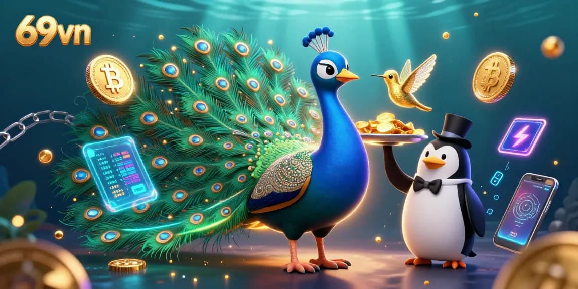 Engage in thrilling casino experiences with 69vn featuring a vibrant peacock and gaming elements.