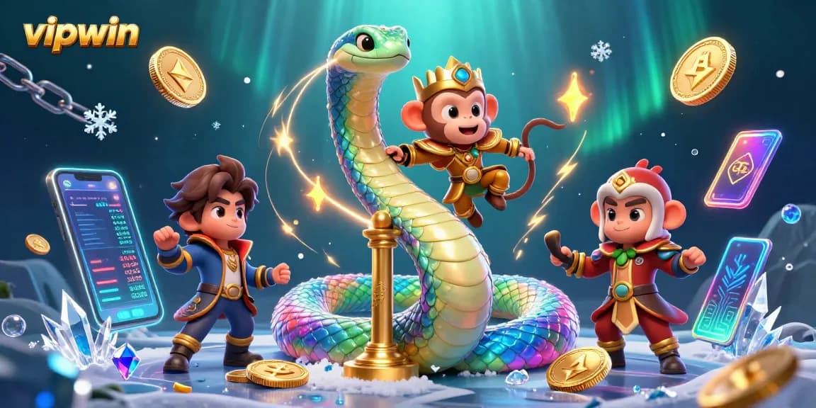 Experience the thrill of vipwin with an exciting 3D casino adventure featuring a colorful serpent and magical characters.