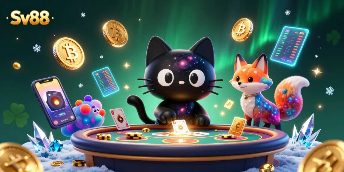 Engage in dynamic gaming with Sv88 at the cosmic casino, featuring animated characters and vibrant elements.