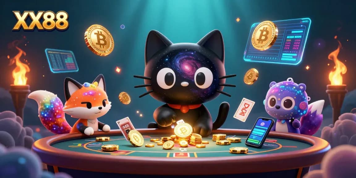 Engage in thrilling gaming on XX88 with our cosmic casino scene featuring vibrant characters and crypto elements.