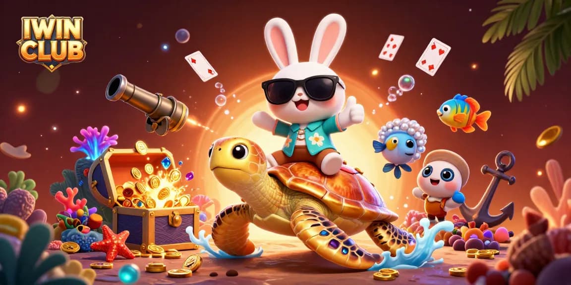 Experience the IWIN CLUB with thrilling gameplay featuring an adorable rabbit and a golden turtle in this vibrant casino illustration.