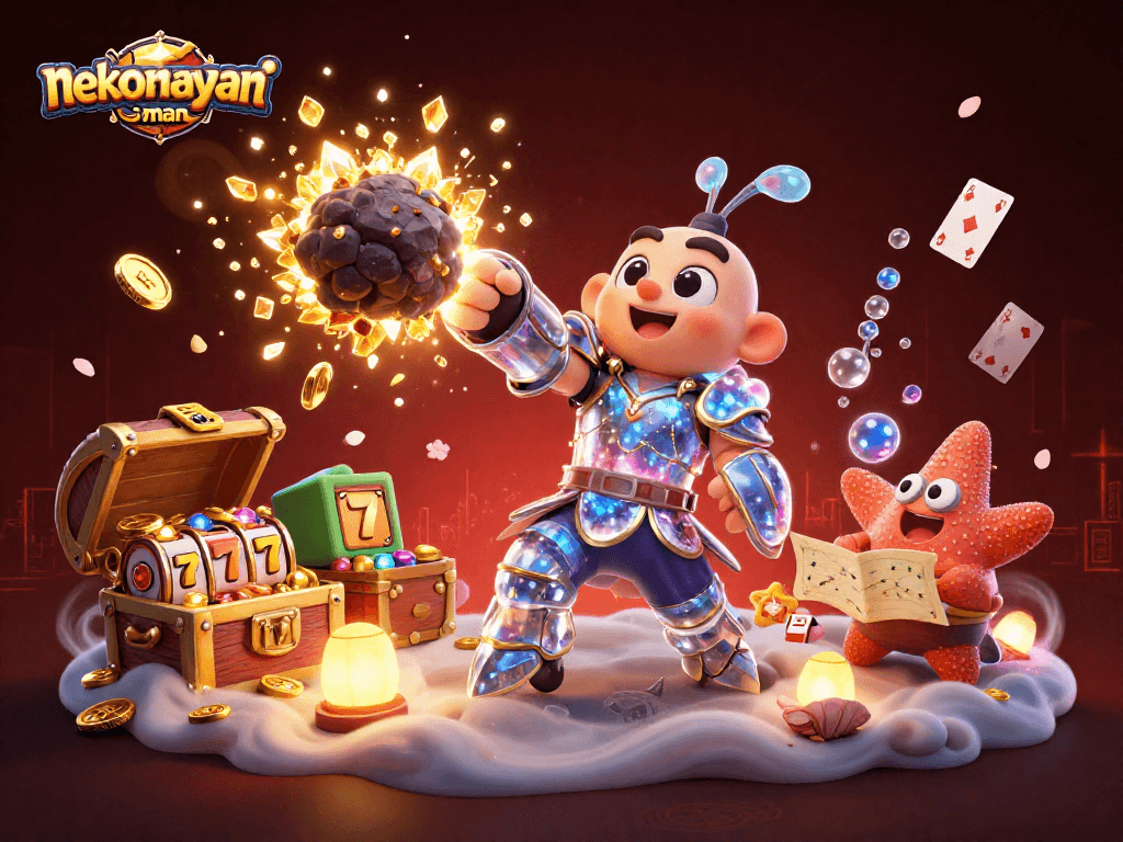 Experience the excitement of nekomayman with vibrant slot reels and golden coins exploding in this dynamic illustration.