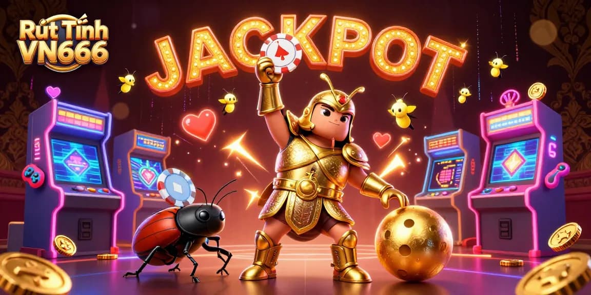 Experience Rút Tiền VN666 with a victorious beetle amidst vibrant casino elements and glowing game icons.