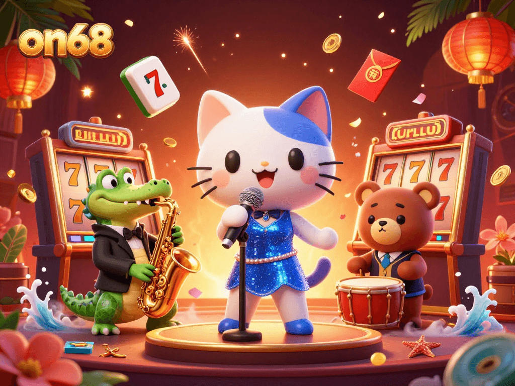 Experience the vibrant gaming scene at on68 with lively characters and casino elements in a breathtaking digital illustration.