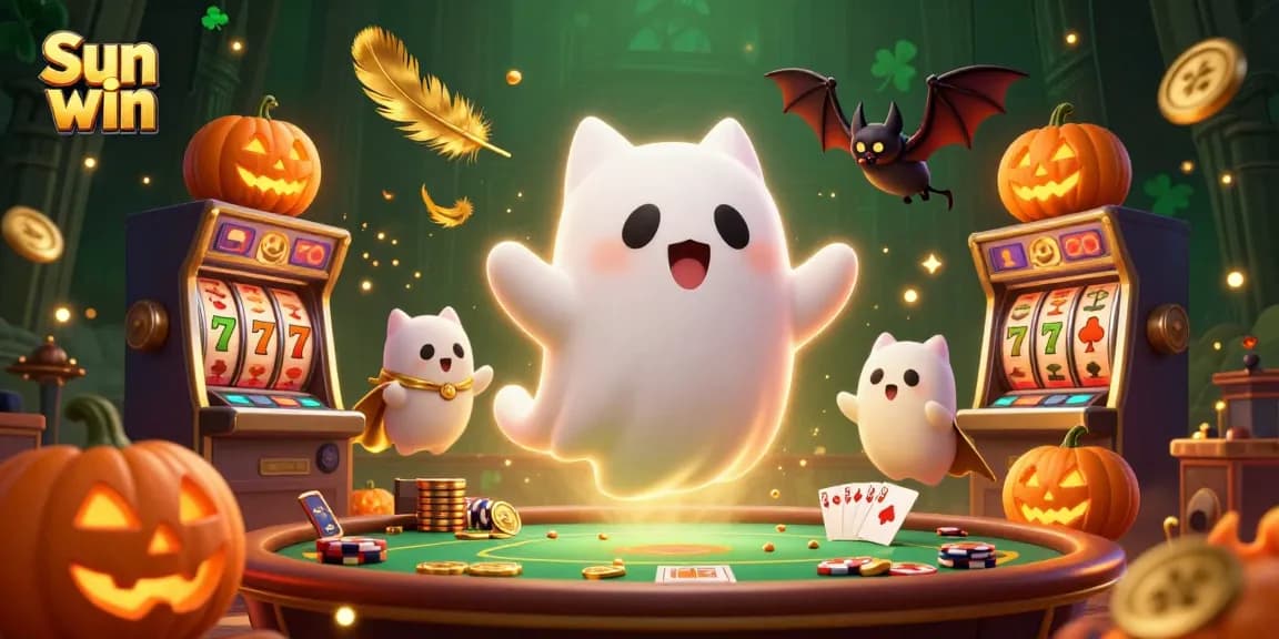 Experience the thrills of Sun win in a vibrant casino scene with ghost cat and vampire bat.