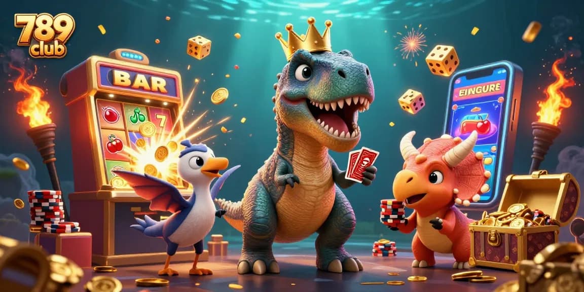 Play thrilling games at 789 club with a friendly T-Rex and vibrant casino elements throughout.
