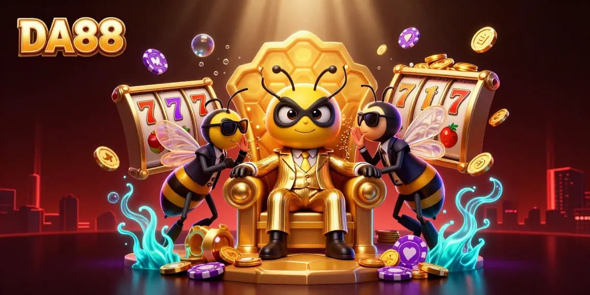 DA88 showcases a cartoon bumblebee mob boss and immersive casino elements in an exciting gaming scene.