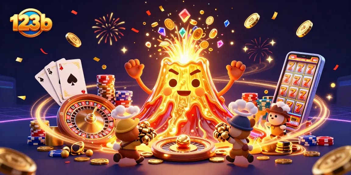 Win exciting treasures as 123b showcases a triumphant volcano releasing coins and gems.