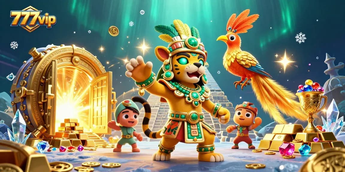 Experience the excitement of 777vip with a captivating Mayan-themed casino scene featuring vibrant treasures and games.