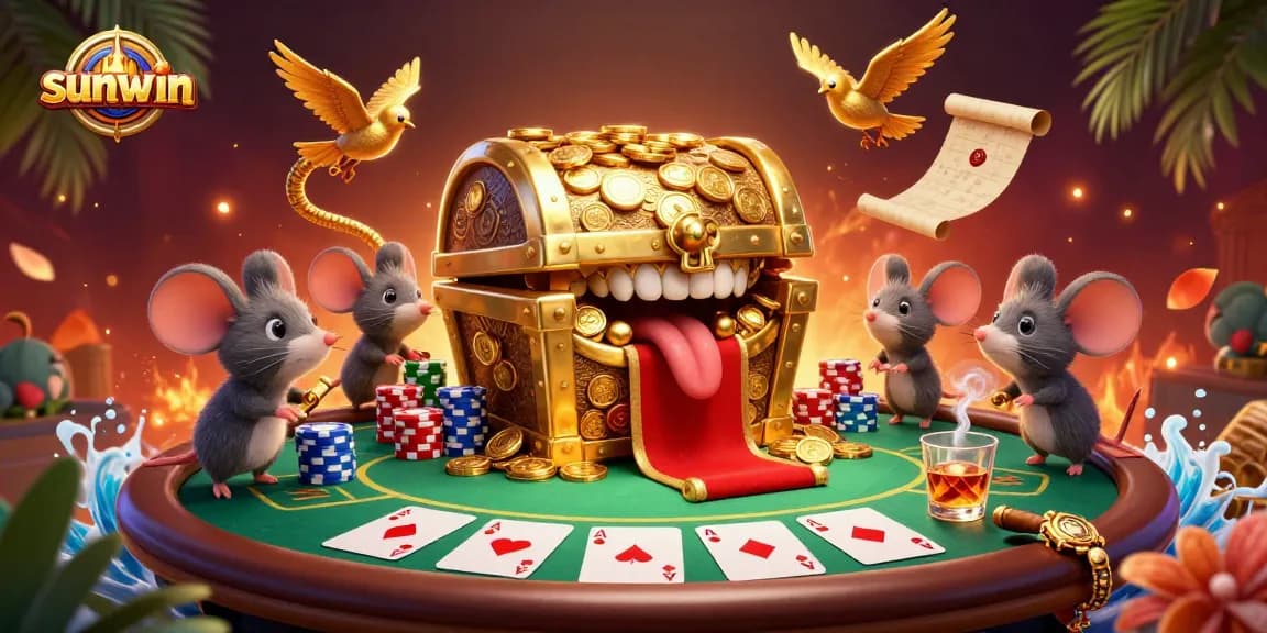 Win big at Sunwin with this vibrant casino illustration showcasing lively game elements and gold treasure.