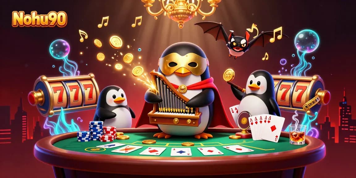Nohu90 captivates players with a vibrant casino scene featuring a whimsical penguin and glittering coins.