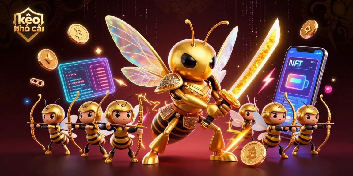 Bet on kèo nhà cái with a vibrant 3D illustration of a giant hornet samurai and crypto elements.