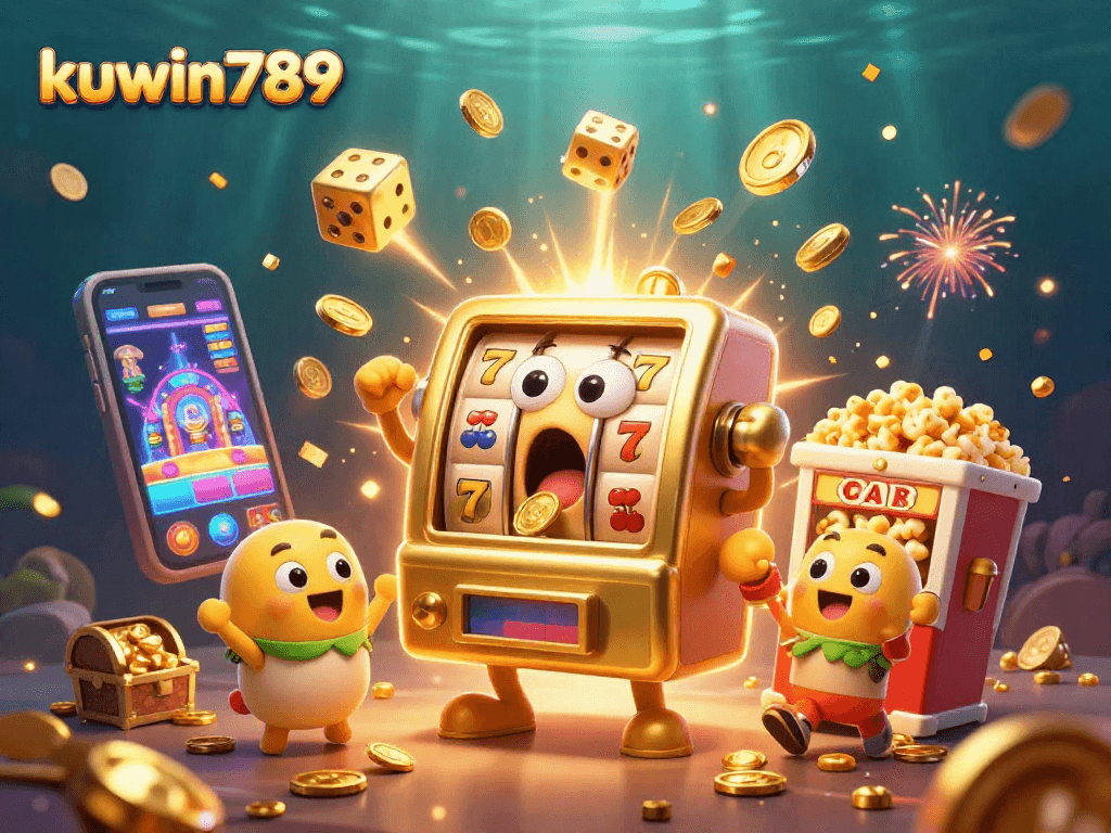 Kuwin789 slot machine celebrates a jackpot with coins and cheers in a vibrant casino scene.