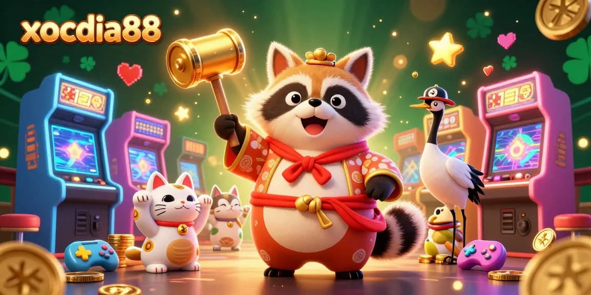 xocdia88 delivers excitement with a joyful tanuki character and vibrant casino elements in this 3D illustration.