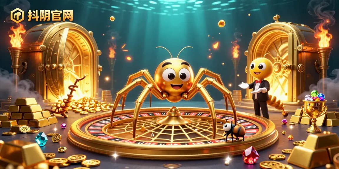 Engage with the 抖阴官网 as a golden spider spins a roulette wheel web, compelling for gamblers.