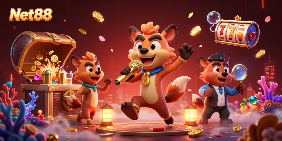 Experience exciting games at Net88 with 3D cartoon hyenas in a vibrant casino club.
